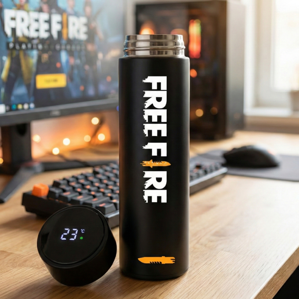 Garrafa Térmica Free Fire - Gamer Inox Com Sensor De Temperatura Inteligente - 500ml - Personalizada