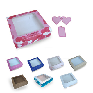 Caixa de Presente com Visor + Tags | Estampas Natal, Coração, Flores, Rosa, Azul, Branca |  15x15x4cm