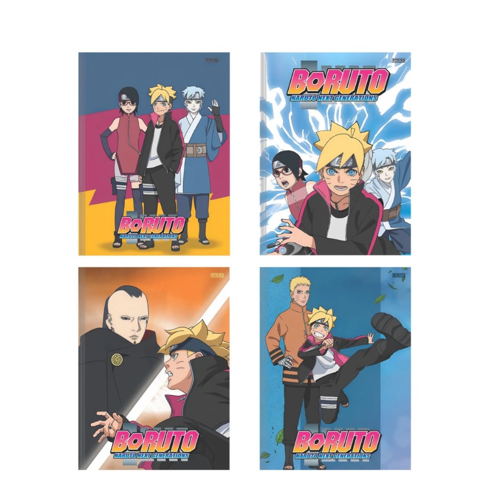 Kit 4 Cadernos Brochura Naruto Filho Boruto 1 Mat 80 fls Adesivo São Domingos