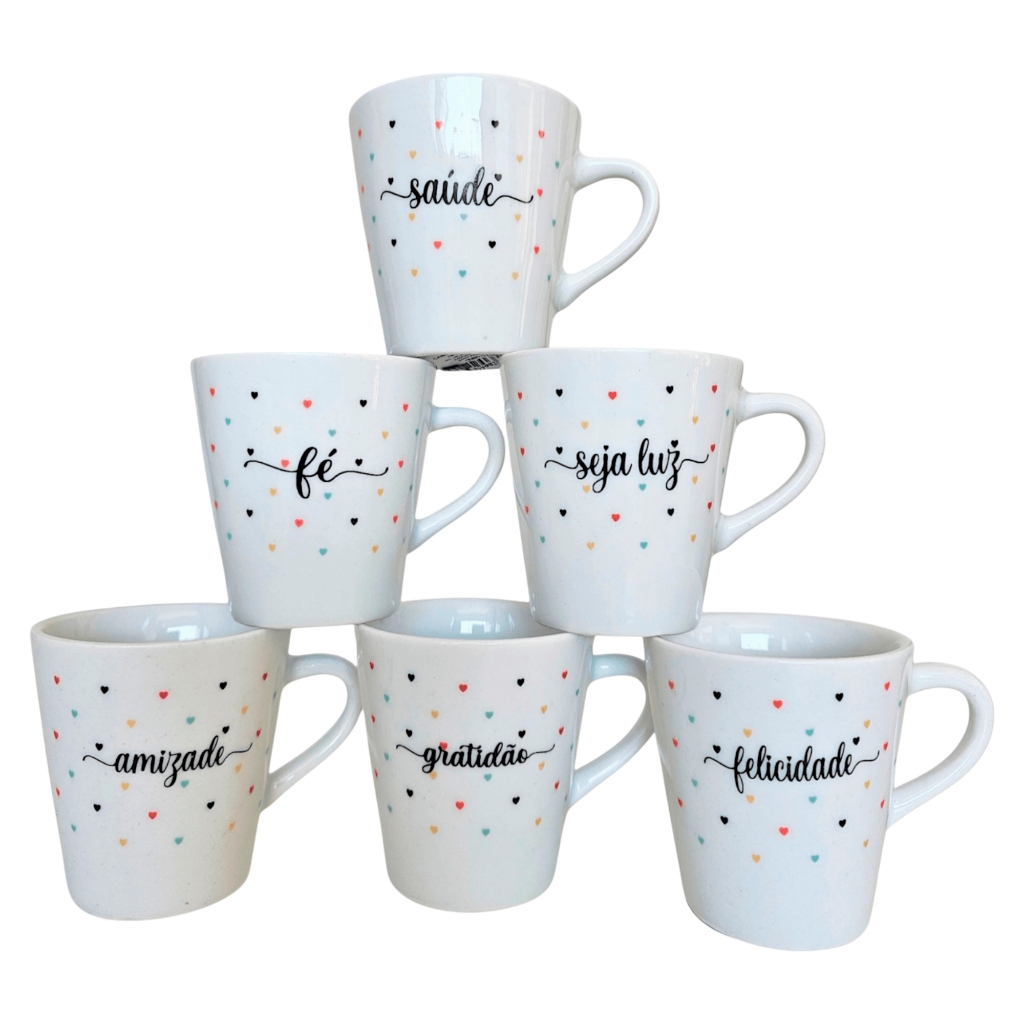 Kit 6 Canecas Decoradas Porcelana Tulipa 120ml com Frases Inspiradoras – Fé, Gratidão, Felicidade