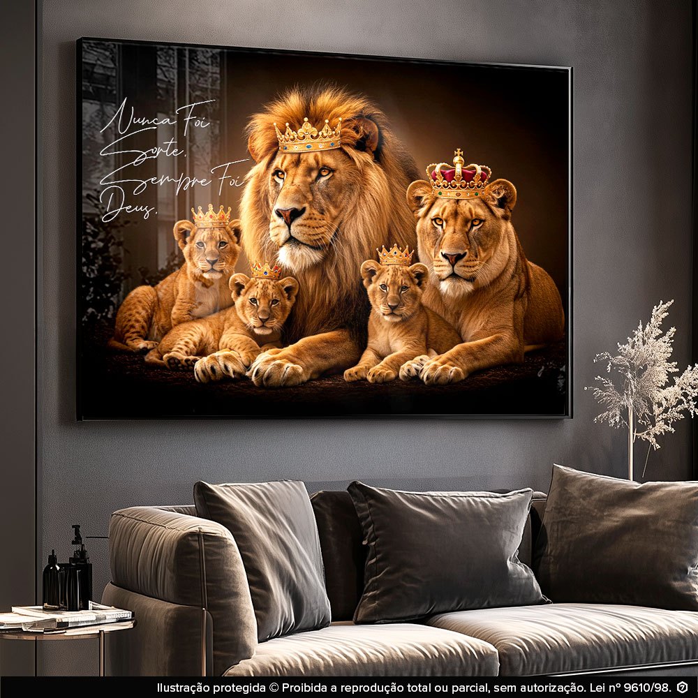 Quadro Decorativo Leão Leoa Familia Nunca foi Sorte Sempre foi Deus Religioso Amor Sala Quarto