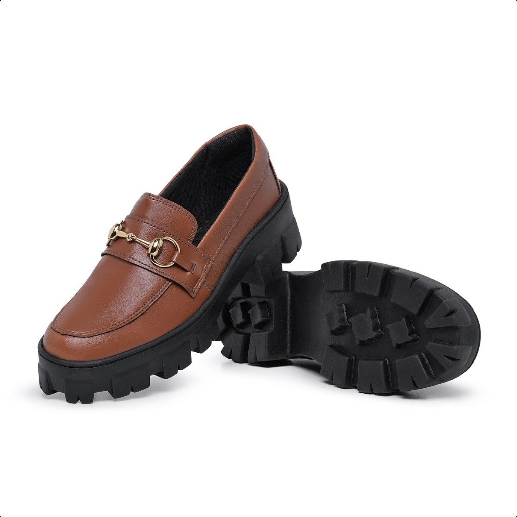 Sapato Feminino Mocassim Antiderrapante Tratorado, Leve Confortável Dia a Dia Casual Cor Havana cappuccino