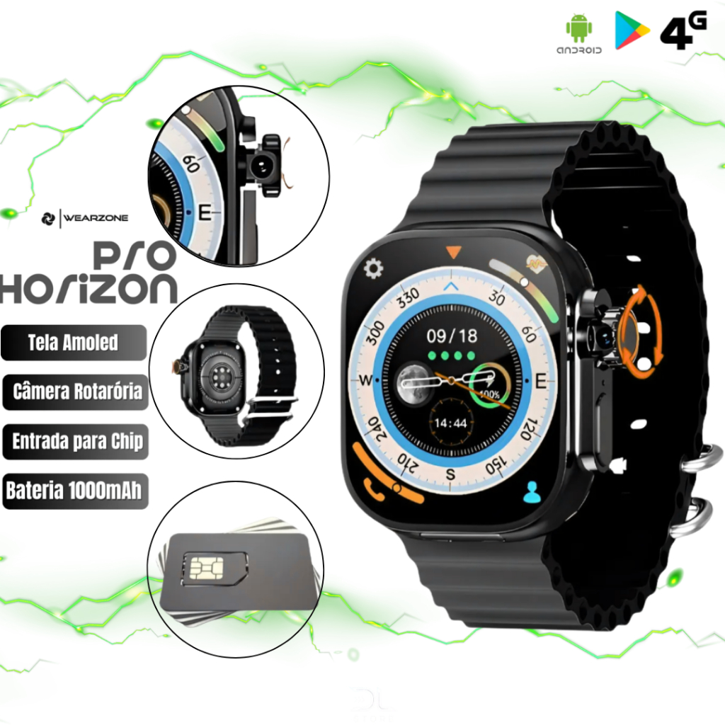 Smartwatch Inteligente | Celular De Pulso Horizon Pro 4G Câmera Rotatória + NFC | 16 Gb de Armazenamento e 2/4Gb de Ram