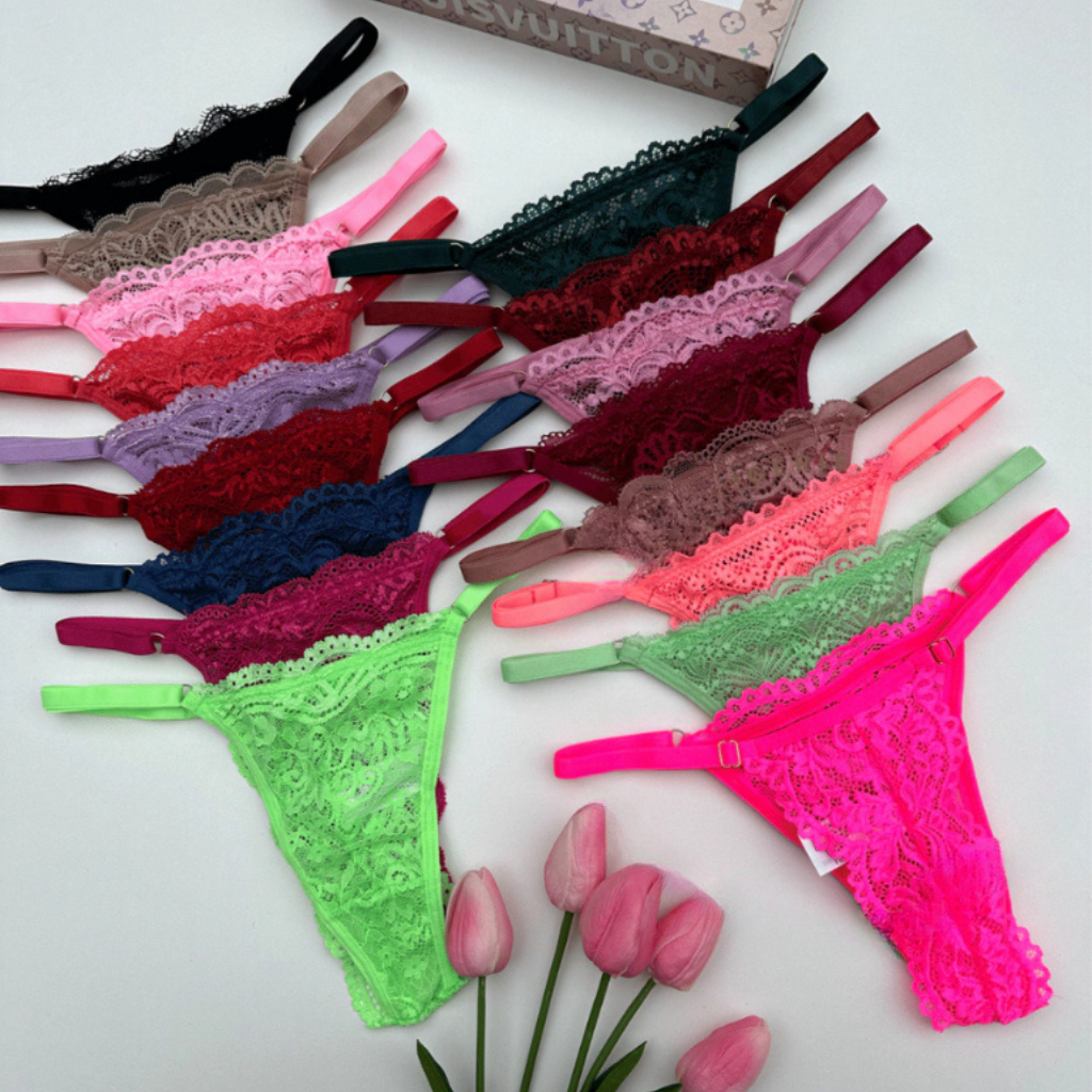 Kit 7 Calcinhas Renda Lingerie com Regulagem Luxo Fio Dental Sexy Feminina Sensual Moda Intima