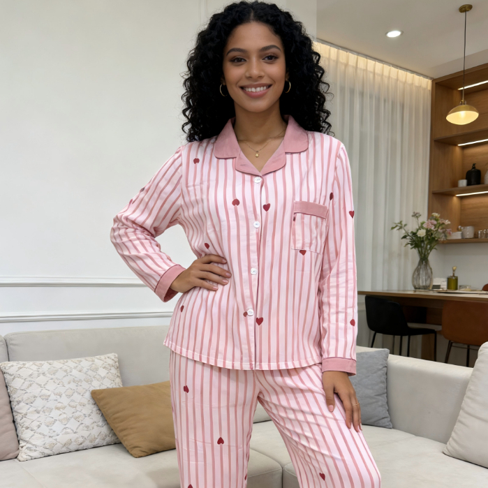 Pijama Feminino Longo com Botões | Estilo Americano, Elegante e Confortável em Oferta na Shopee