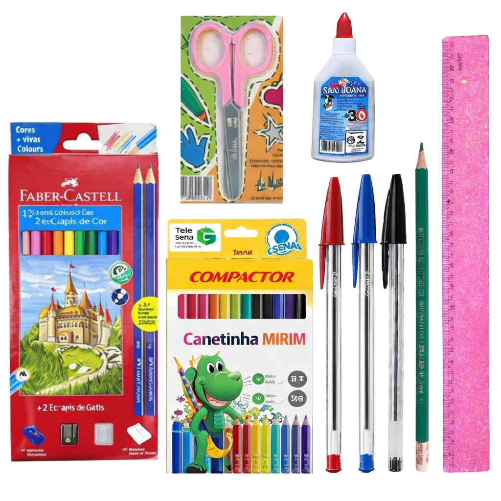 Kit 35 Peças Escolar Infantil Juvenil Lapis De Cor Faber Castell Caneta Bic canetinha compactor