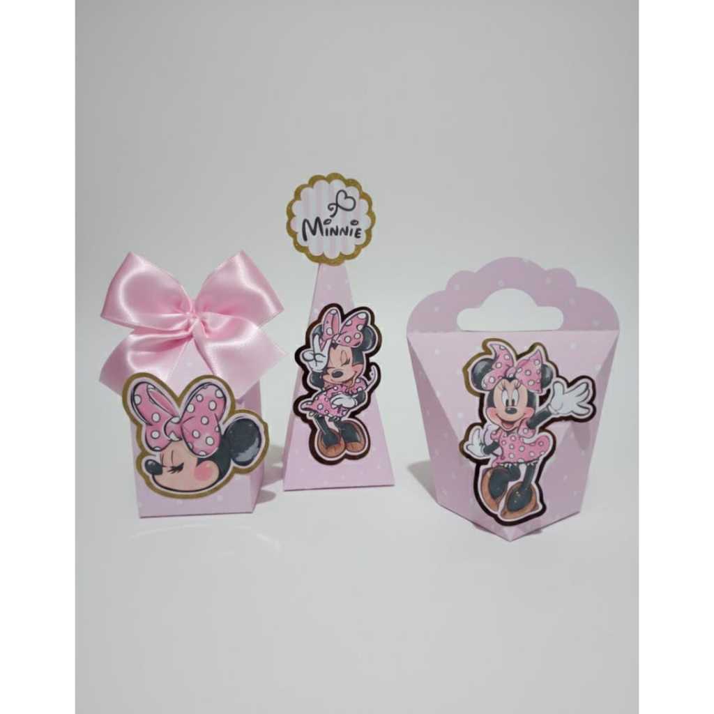 Kit Festa Minei Minnie Rosa Caixinhas Luxo Personalizadas com Nome e Idade aplique 3D