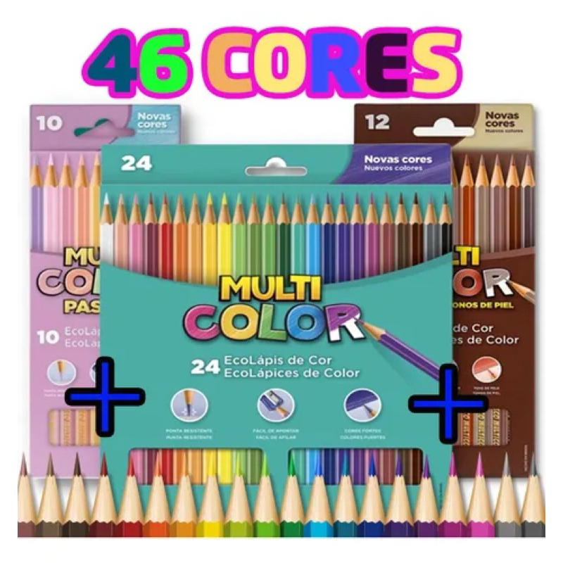 Lápis de Cor 46 Cores Multicolor Cores Básicas Pastel Neon