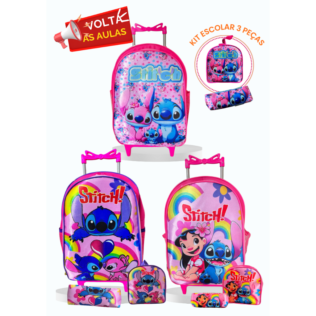 kit= mochila= escolar infantil lancheira e estojo stitch com rodinhas