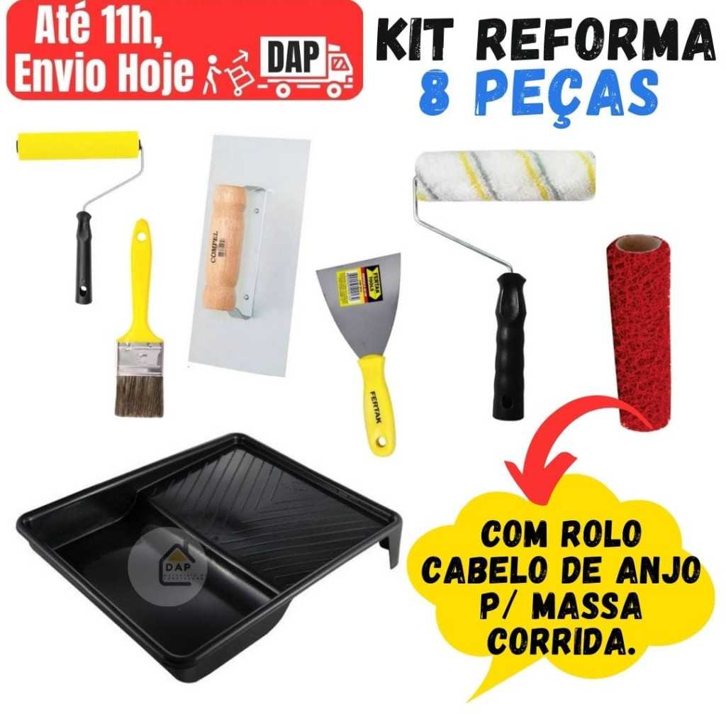 KIT 8 PEÇAS PINTURA PAREDE PROFISSIONAL. COM DESEMPENADEIRA E ROLO CABELO DE ANJO P/ MASSA CORRIDA