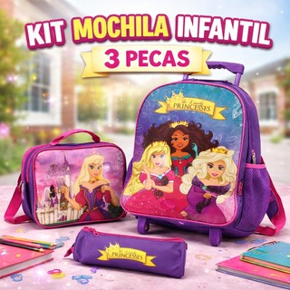 Kit Mochila com rodinhas com bolsas laterais Infantil Escolar Princesas Roxa 3 Peças com Lancheira térmica  e Estojo