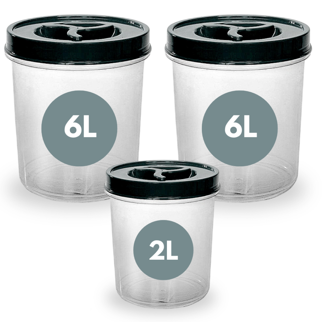 Kit 3 Potes Mantimento Redondo 2 De 6L + 1 de 2L Transparente Tampa Rosca Arroz Café Açúcar Cereal
