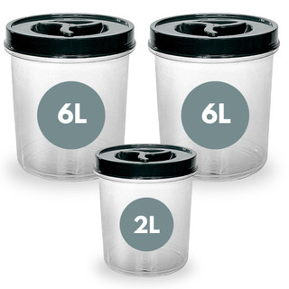 Kit 3 Potes Mantimento Redondo 2 De 6L + 1 de 2L Transparente Tampa Rosca Arroz Café Açúcar Cereal