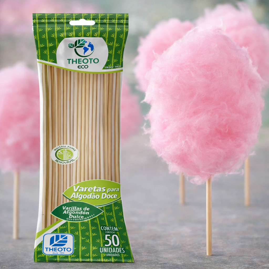 50 Palitos de Bambu para Algodão Doce Vareta 38cm de Madeira Resistente Theoto