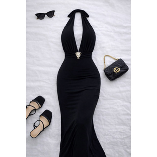 Vestido LISBOA Decote Profundo e Detalhe Dourado Moda Festa Elegante em Oferta na Shopee