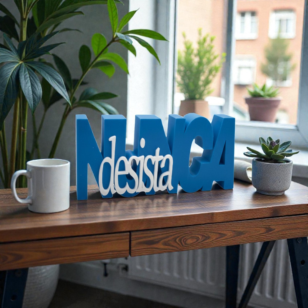 FRASE PALAVRA DECORATIVA "NUNCA DESISTA" LETREIRO EM 3D PLACA