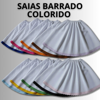 ROUPA RELIGIOSA SAIA DE UMBANDA E CANDOMBLÉ, BARRADO VERMELHO AZUL AMARELO COLORIDA MICROFIBRA 85CMDE  ALTURA 2,5 D RODA
