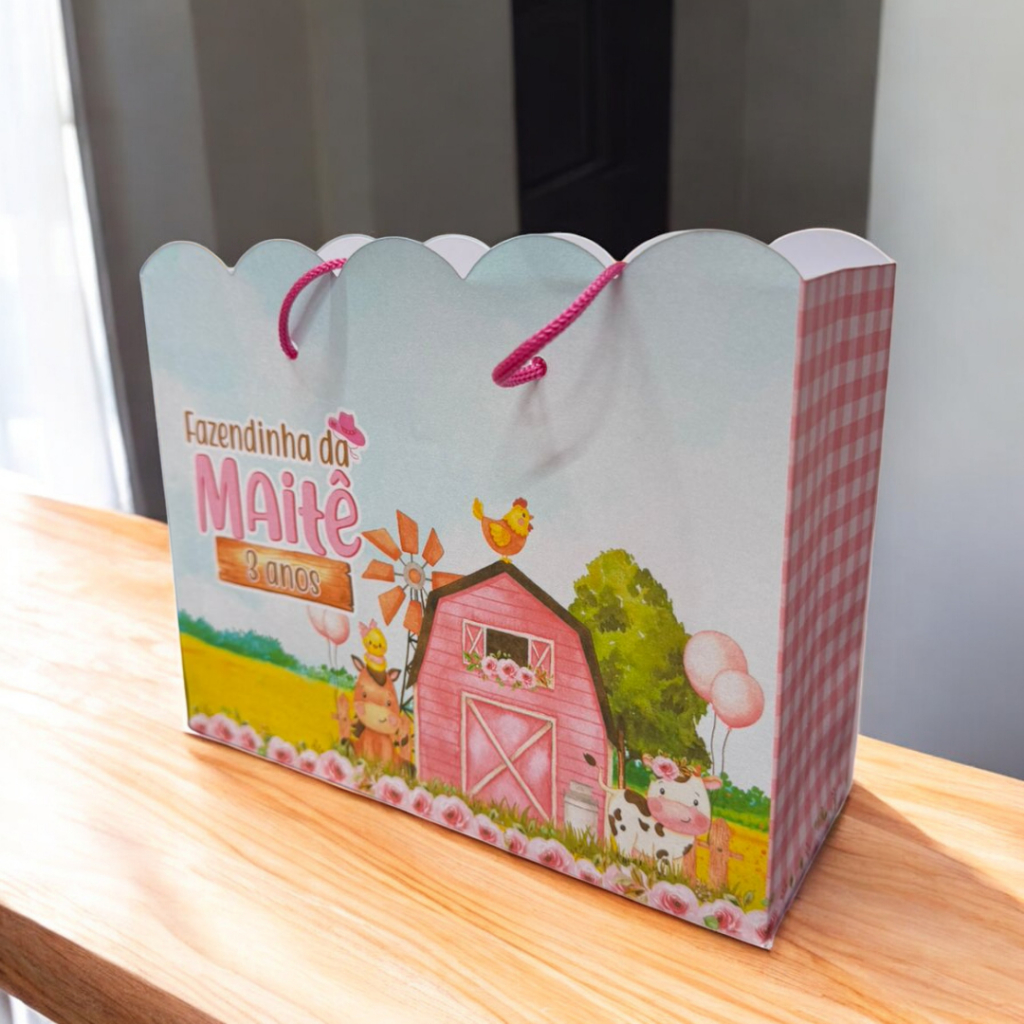 10 Sacolinhas Fazendinha Rosa Personalizadas – Lembrancinha Festa Infantil G (20x16x6)
