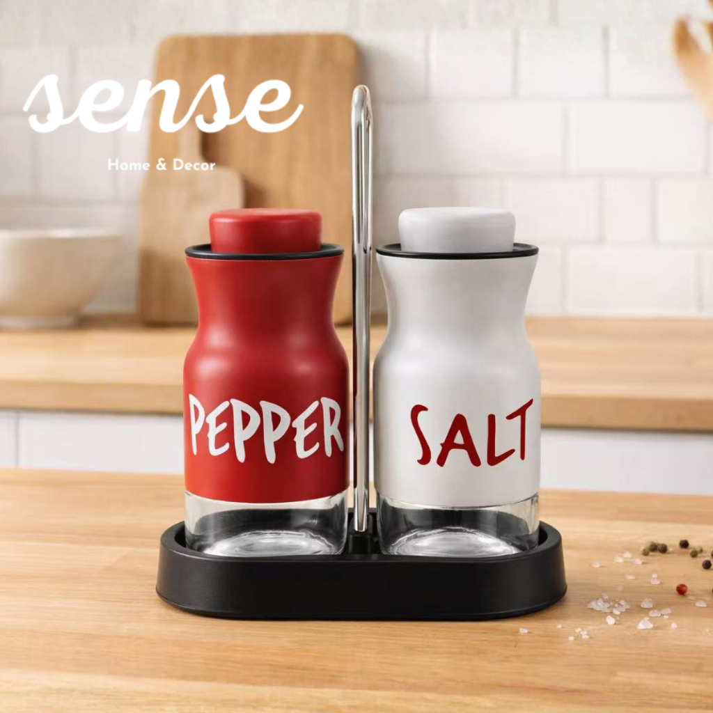Jogo 3 Peças Wolff Saleiro Pimenteiro em Vidro Suporte em Metal Pepper Salt Branco e Vermelho Requintado Luxo Moderno