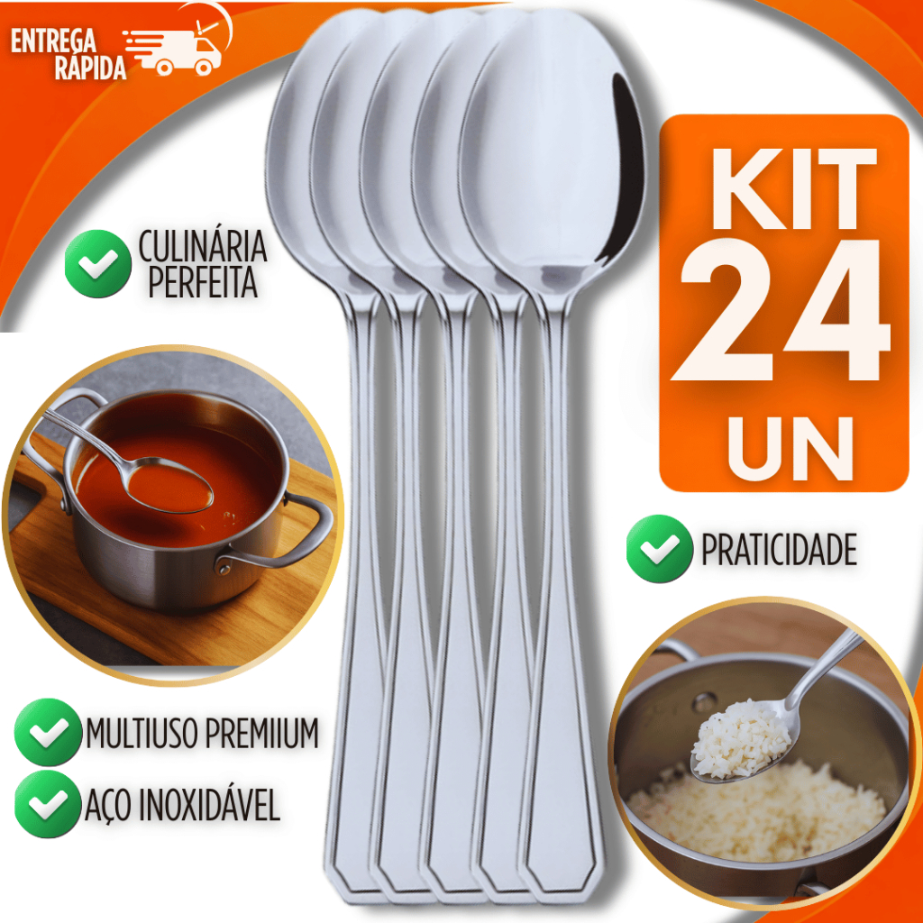 Conjunto 24 Peças Colher Mesa Elegante Aço Inox Casa Restaurante Churrascaria Pizzaria Lanchonete Buffet Utilidades