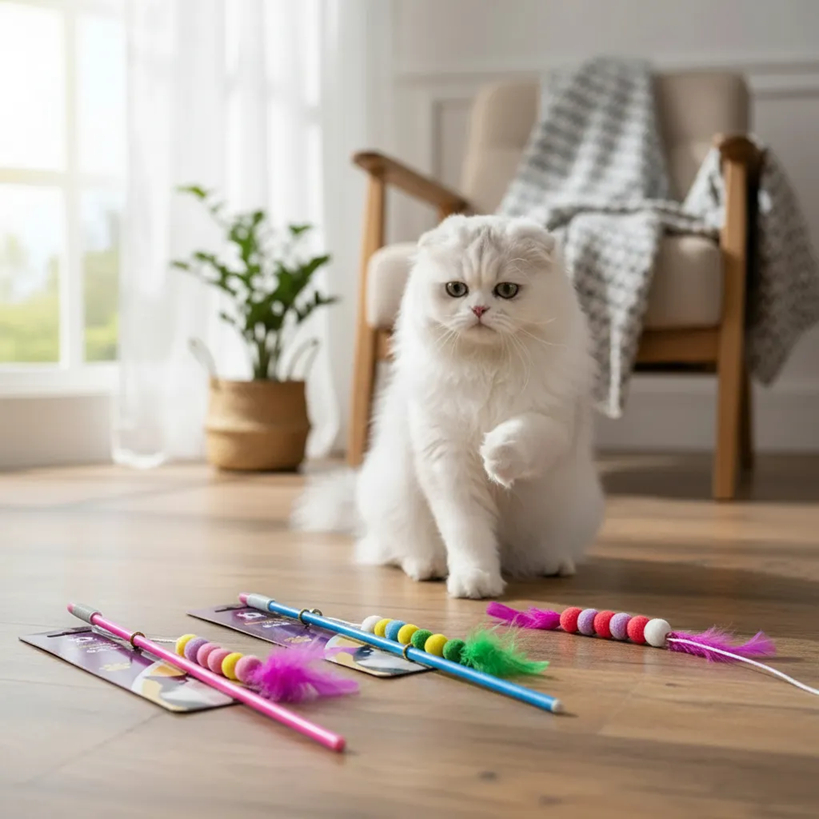 Varinha para Gatos Brinquedo Vareta Pena Pompom Bolinha de Lã