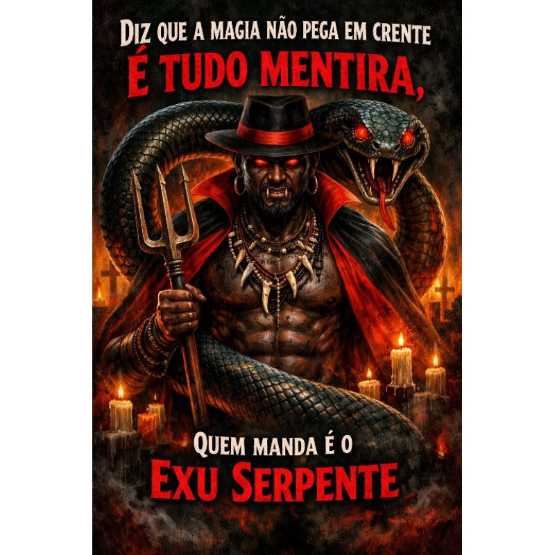 QUASRO DECORATIVO PLACA MDF-EXU COBRA COM A FRASES diz que a magia não pega em crente é tudo mentira quem manda é cobra