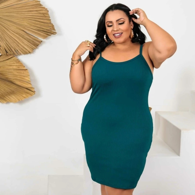Vestido Feminino Plus Size Midi Tubinho Canelado Alcinha Primavera Verão Verde Jade