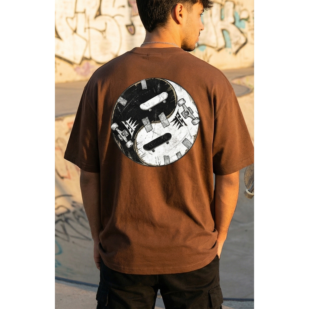 Camiseta Oversized Skate Ying Yang Flow Skatista Maga Curta 100% Algodão Streetwear Premium Lifestyle