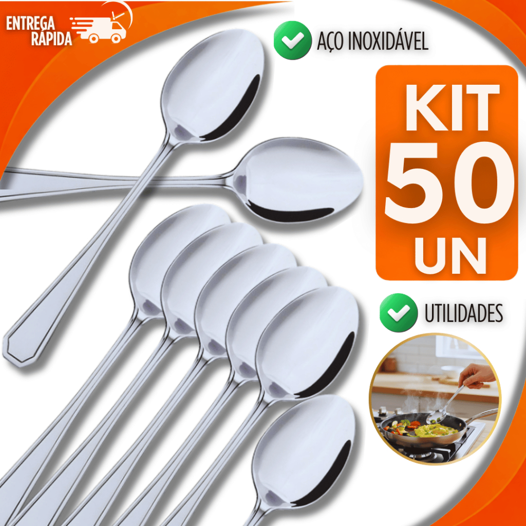 Utensílios 50 Peças Colher Mesa Elegante Aço Inox Casa Restaurante Churrascaria Pizzaria Lanchonete Buffet Utilidades