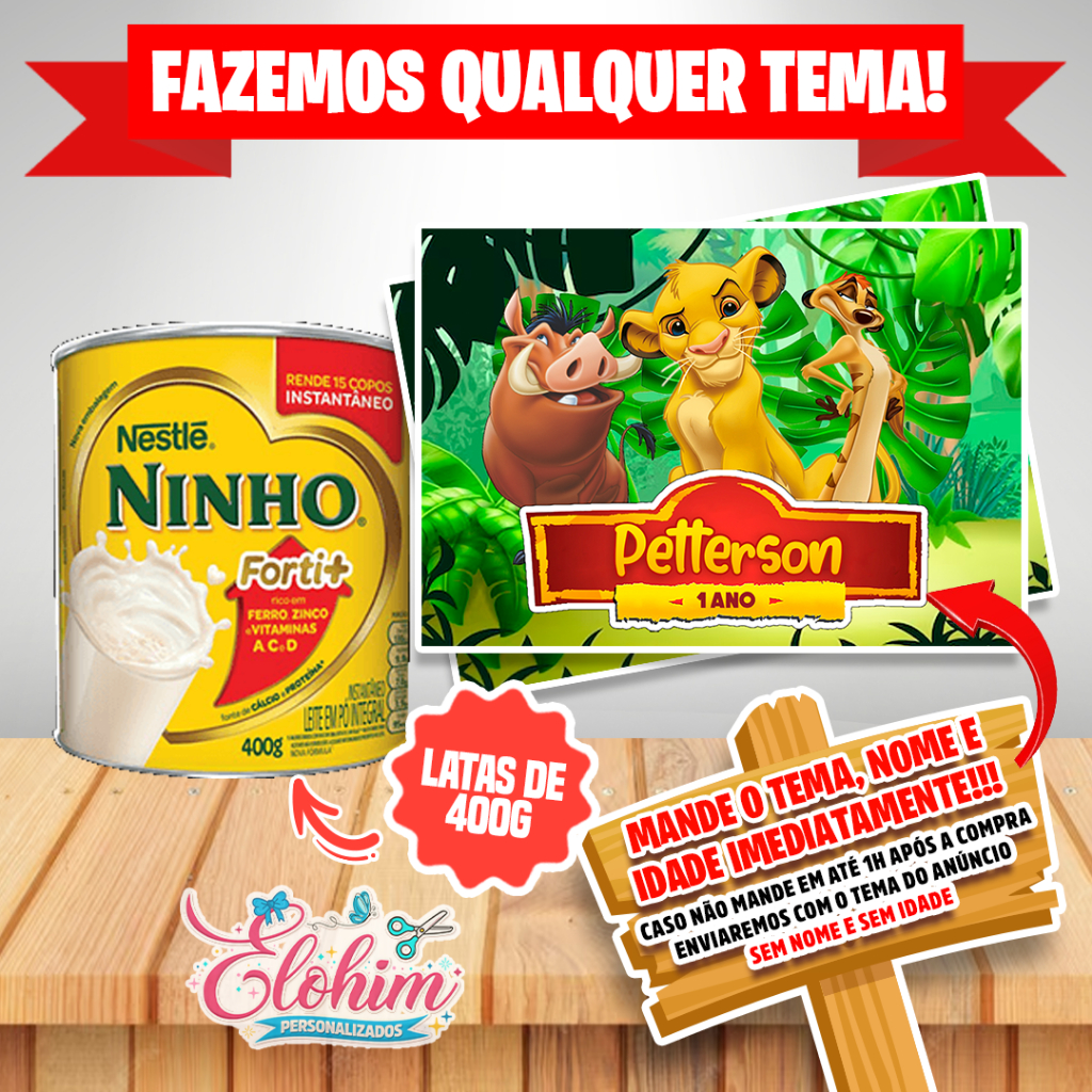 Rótulo Adesivo para Lata de Leite 400g (FAZEMOS QUALQUER TEMA) Rei Leão