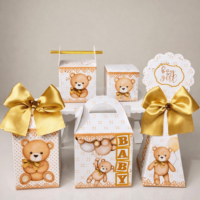 Kit Chá revelação Ursinho  Bege neutro Lembrancinhas pegue e Monte Caixinhas Personalizadas