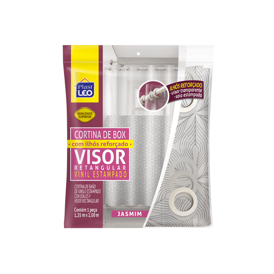Cortina De Box Banheiro Com Ilhós 1,35m x 2,00m - Visor Transparente E Saia Estampada - Antimofo