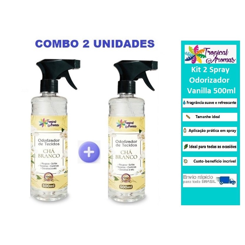 Kit 2 Spray Odorizador Tecido Chá Branco 500ml Perfume De Roupa Tropical Aromas