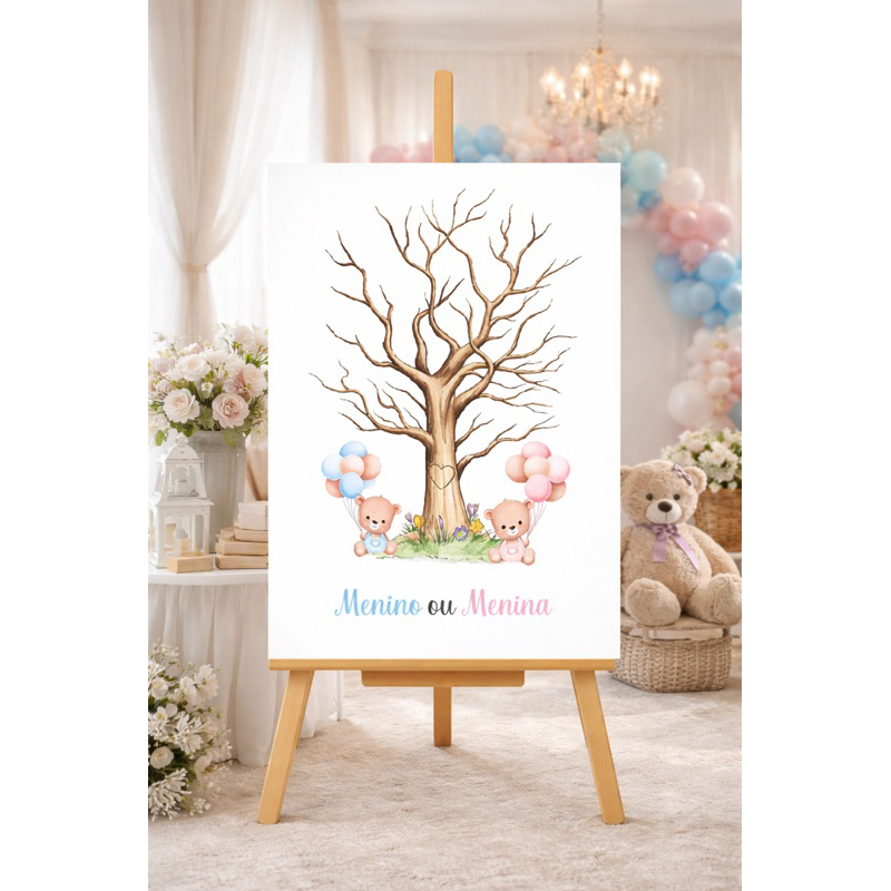 Quadro Placa Para Chá Revelação Menino ou Menina ou Nome Personalizado Ursinhos Com Árvore de Digitais