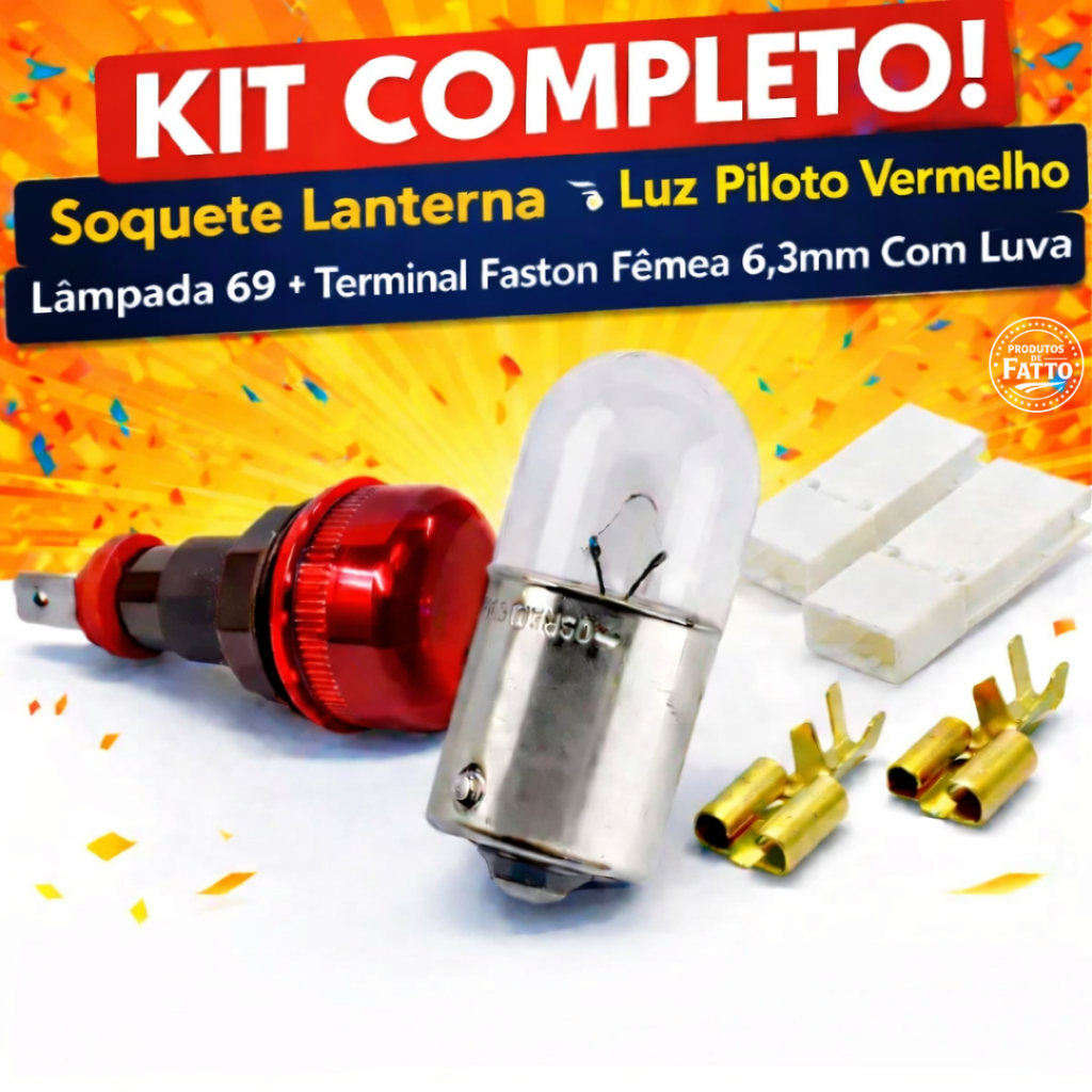 KIT 1 SOQUETE LANTERNA LUZ PILOTO VERMELHO + 1 LÂMPADA 69 12v/24v + 2 TERMINAIS FASTON COM LUVA ISOLANTE