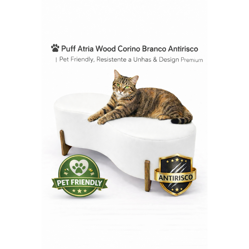 🐾 Puff Atria Wood 1,10 cm Corino Branco Antirrisco | Pet Friendly, Resistente a Unhas