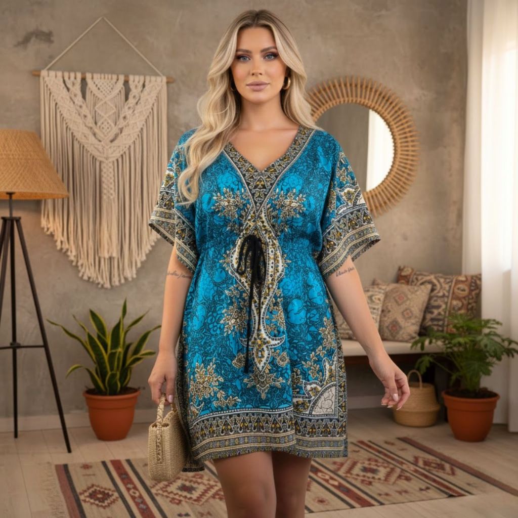 Saída De Praia Kaftan Indiana Feminina Bata Boho Estampada