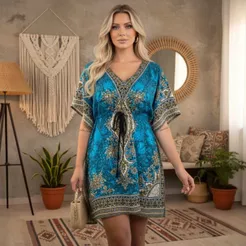 Saída De Praia Kaftan Indiana Feminina Bata Boho Estampada