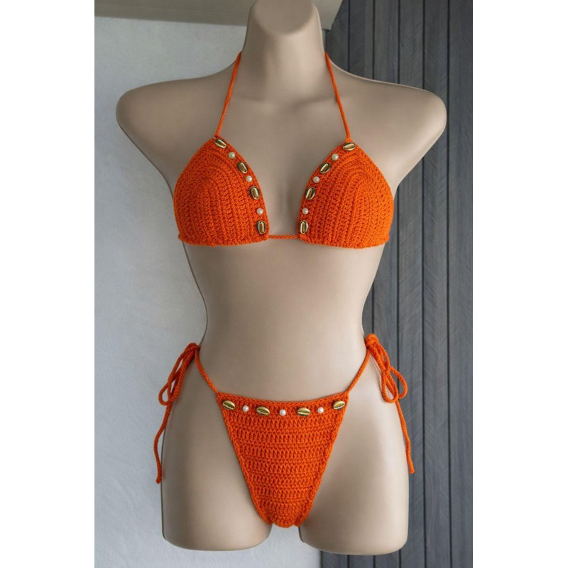 Biquíni De Crochê Praia, Piscina Verão, Carnaval, Tendencia  Laranja, Búzios e Pérola, Feito a mão