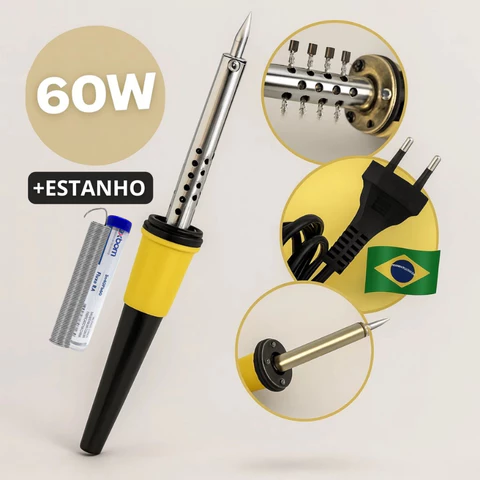 Kit Ferro de Solda 60W Profissional com Estanho Soldador Elétrico para Eletrônica Manutenção Reparos Soldagem