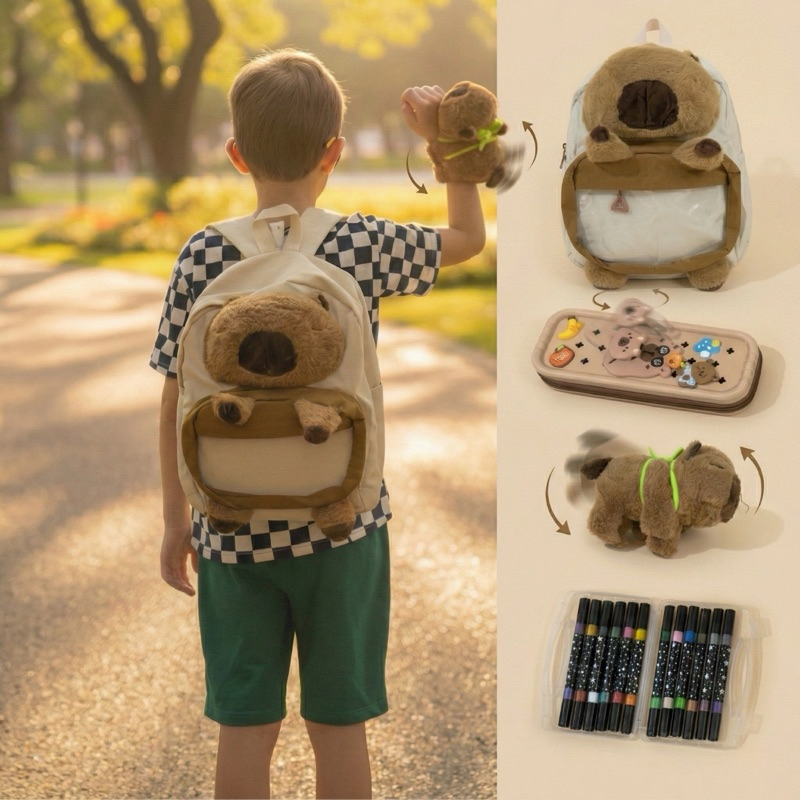 Kit Capivara Kawaii Mochila Pelúcia Estojo Escolar Infantil em Oferta na Shopee