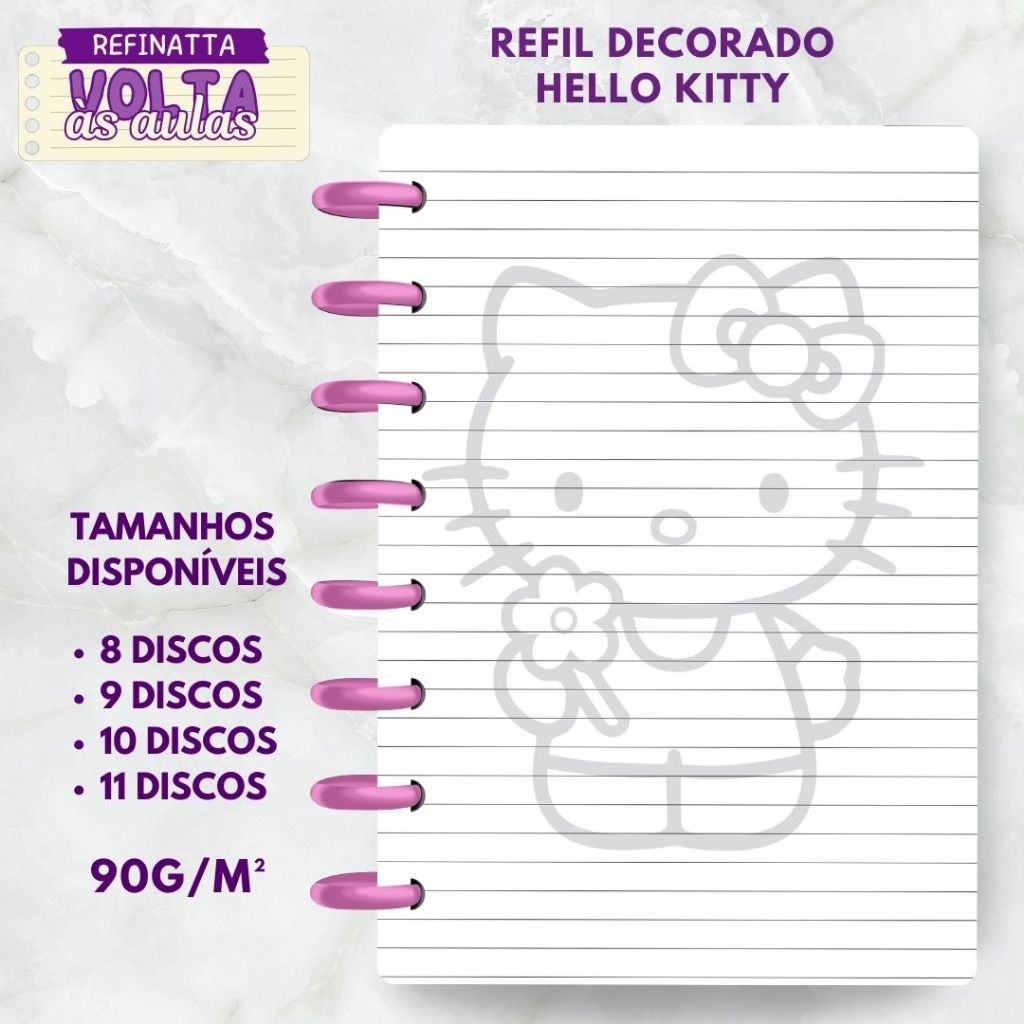 Refil Decorado Pautado para Caderno Inteligente / Caderno de Discos 90g - HELLO KITTY