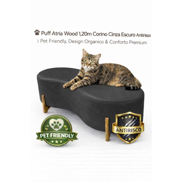 🐾 Puff Atria Wood 1,10m Corino Cinza Escuro Antirrisco | Pet Friendly, Design Orgânico