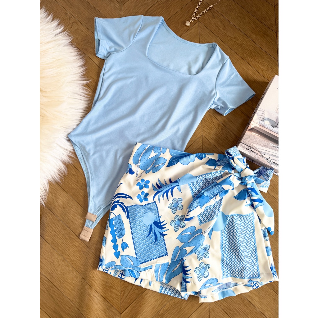 AZALEA Conjunto feminina de body manga curta suplex+saia com short estampado com forrado 1000 em Oferta na Shopee