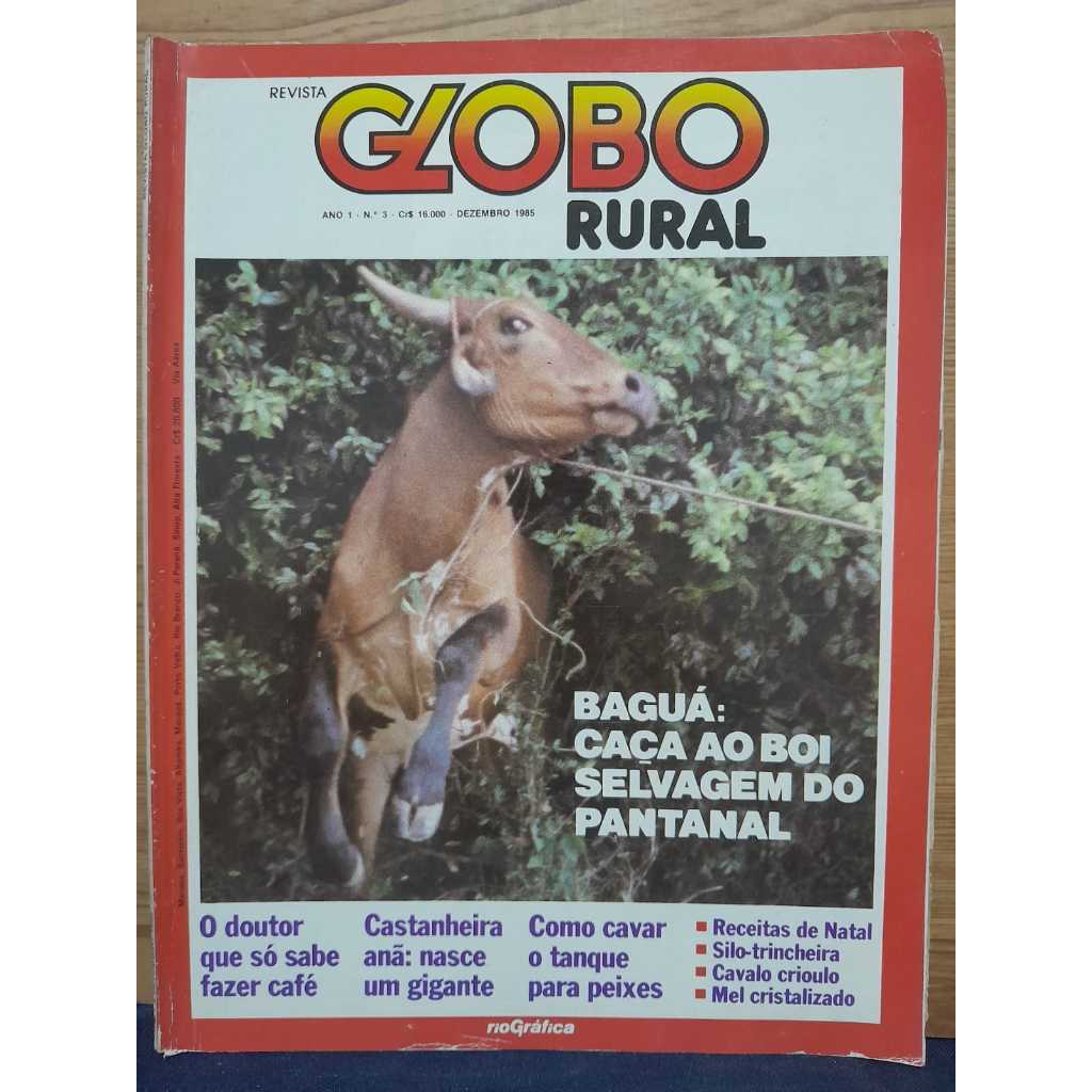 GLOBO RURAL – DEZEMBRO 1985 – ANO 1 Nº 3 CAPA COM FOTO DE BOI BAGUÁ NO PANTANAL – DESTAQUE PARA “CAÇA AO BOI SELVAGEM DO