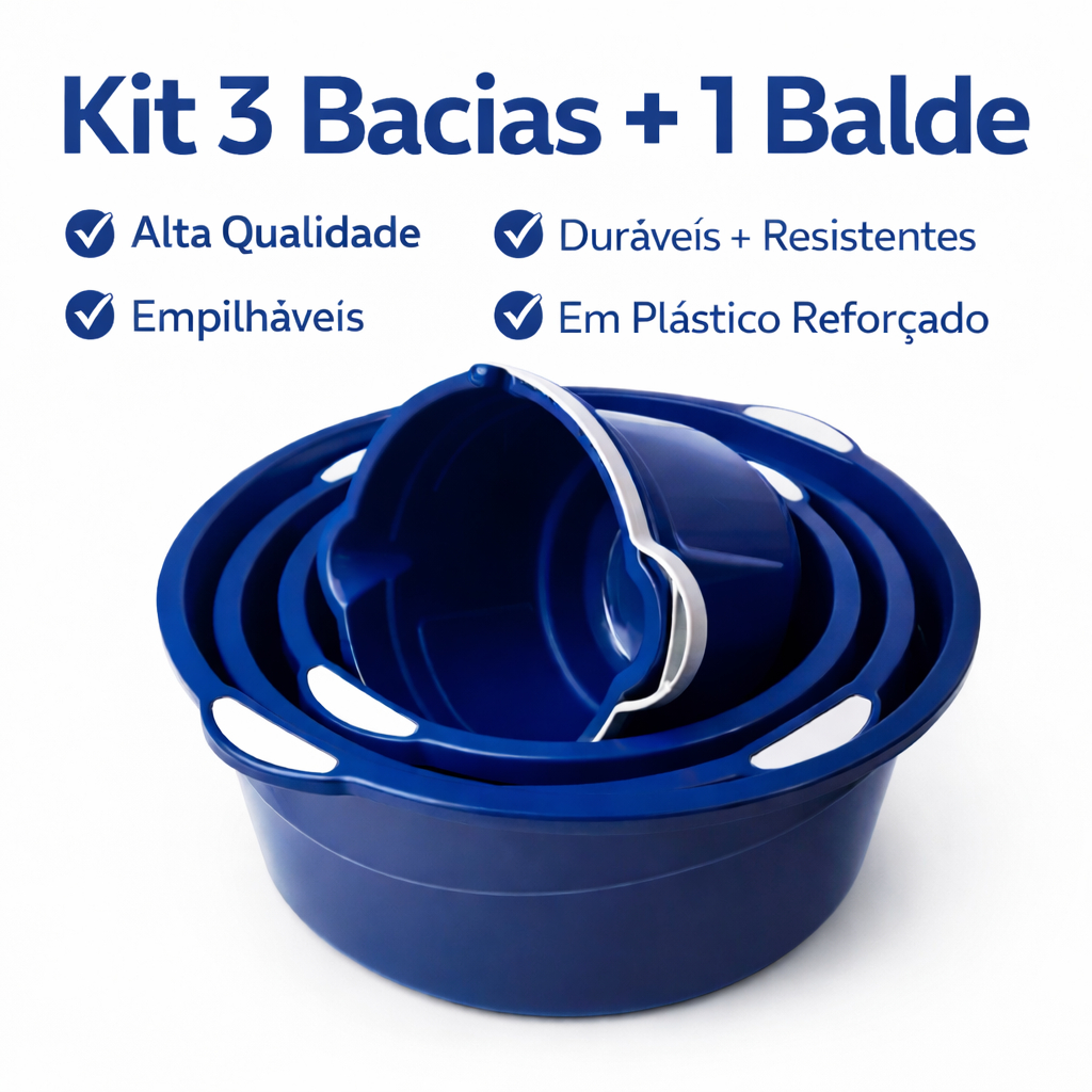 Kit 3 Bacias + 1 Balde Plástico Reforçado Empilhável Multiuso Alta Resistência Kit 3 Bacias + 1 Balde Plástico Reforçado Empilhável Multiuso Alta Resistência