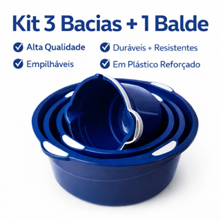 Kit 3 Bacias + 1 Balde Plástico Reforçado Empilhável Multiuso Alta Resistência em Oferta na Shopee