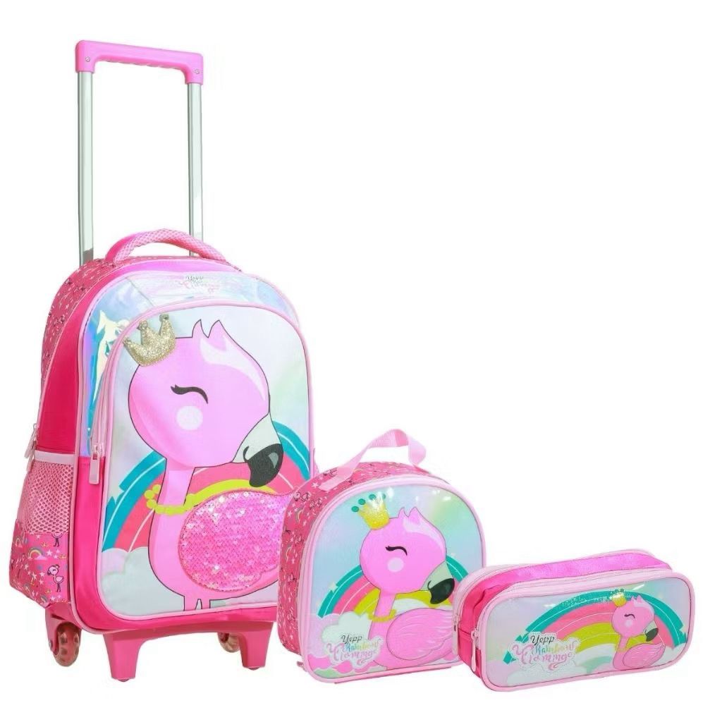 Mochila Infantil com Rodinhas Flamingo Kit Escolar 3 Peças com Lancheira e Estojo