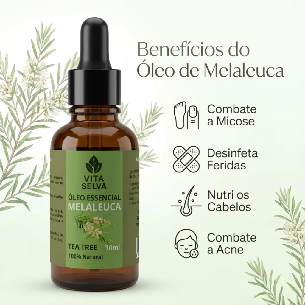 Óleo Essencial de Melaleuca Tea Tree 100% Puro 30 ML Conta Gotas Combate Micose Desinfetante feridas Nutri cabelos Acne