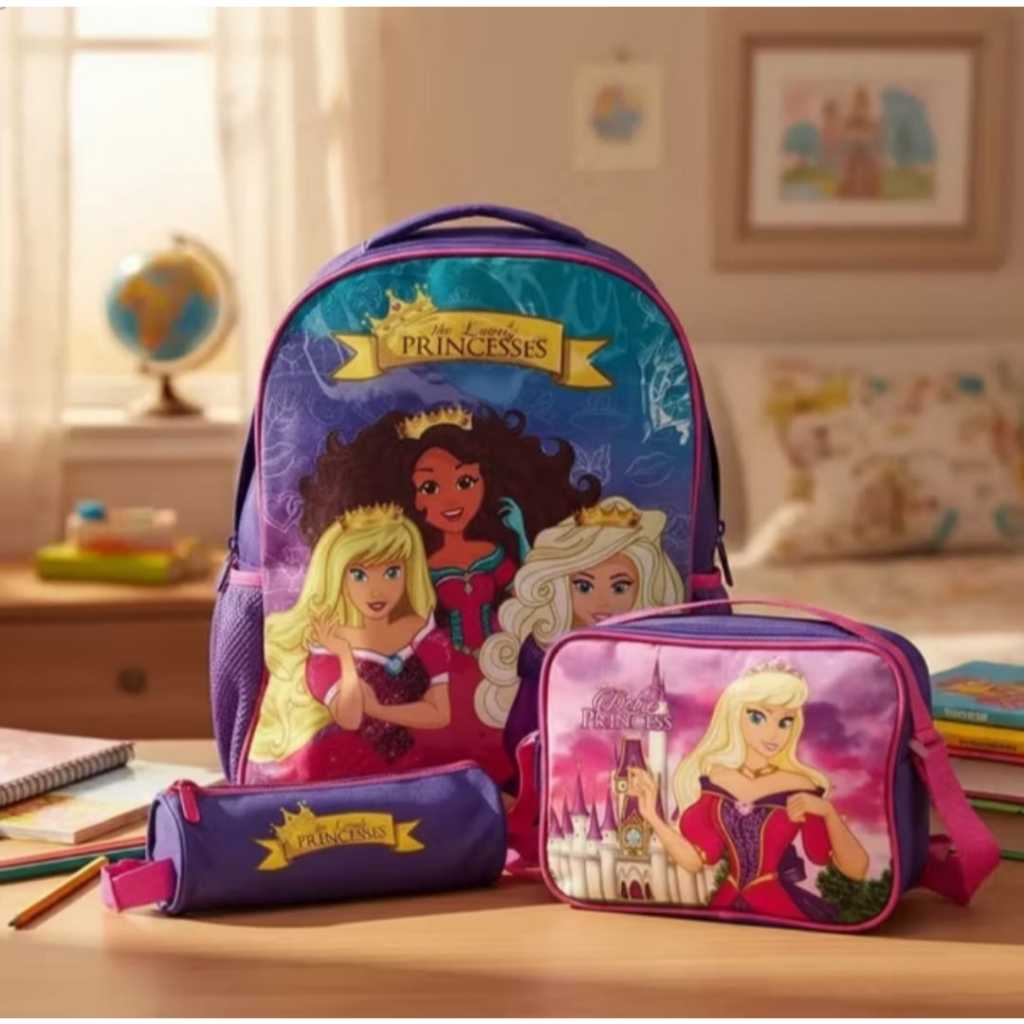 Kit Mochila Infantil Escolar com 3 peças Princesas Rosa/Roxo - Sortido: compartimentos espaçosos